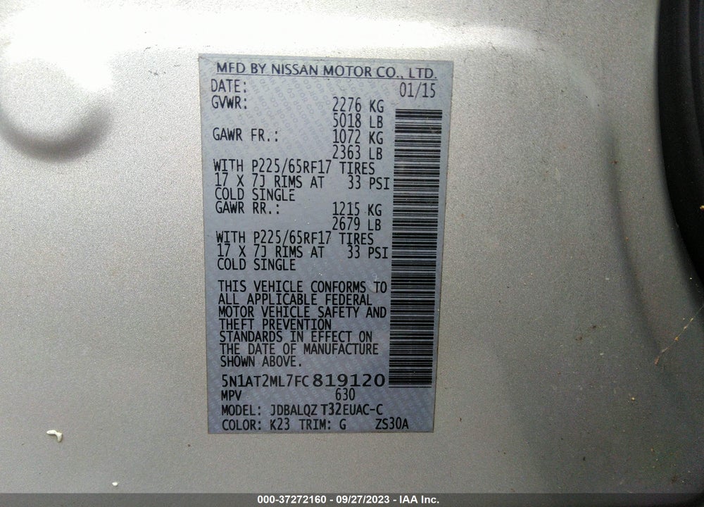 2015 NISSAN ROGUE SV VIN: 5N1AT2ML7FC819120