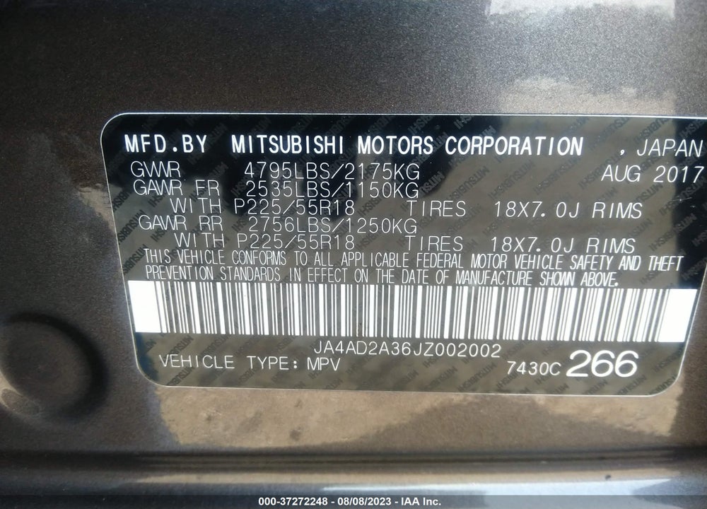 2018 MITSUBISHI OUTLANDER ES VIN: JA4AD2A36JZ002002