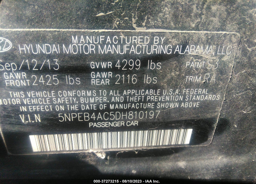 2013 HYUNDAI SONATA GLS VIN: 5NPEB4AC5DH810197