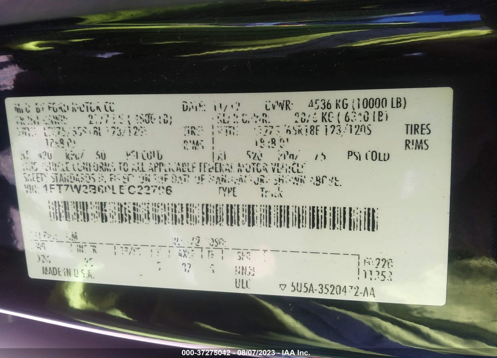 2020 FORD F-250 XLT VIN: 1FT7W2B60LEC22796