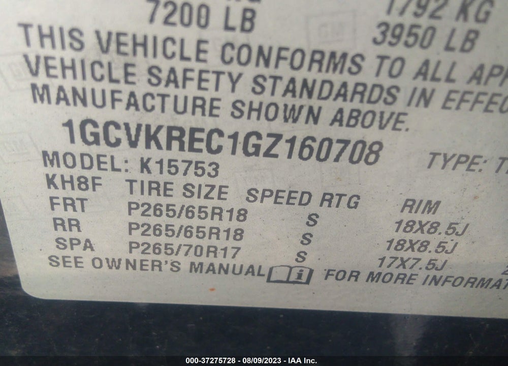 2016 CHEVROLET SILVERADO 1500 2LT VIN: 1GCVKREC1GZ160708