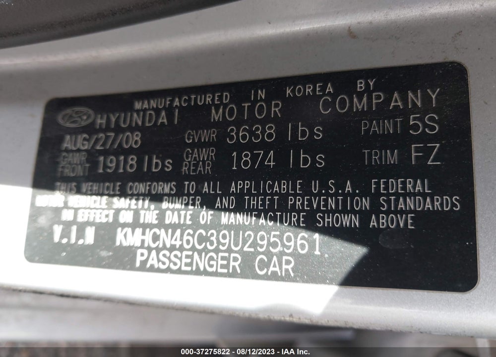 2009 HYUNDAI ACCENT VIN: KMHCN46C39U295961