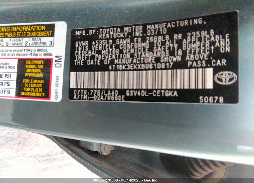 2011 TOYOTA CAMRY XLE V6 VIN: 4T1BK3EKXBU610817