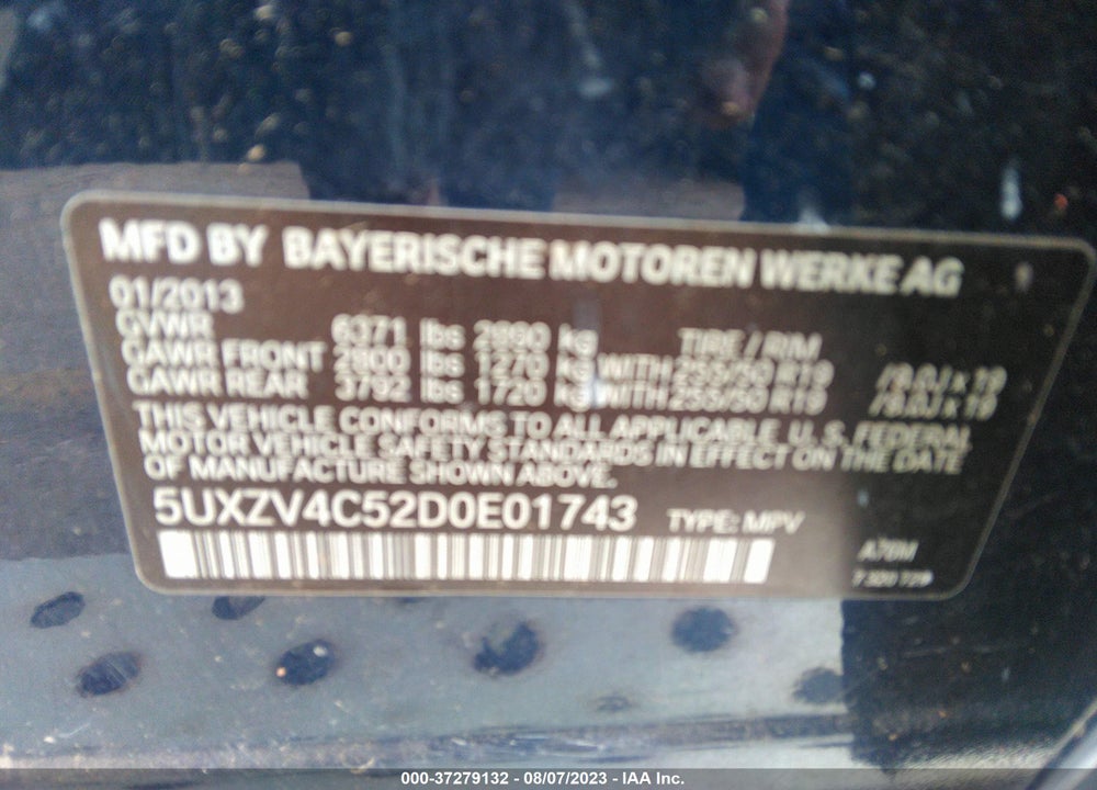 2013 BMW X5 XDRIVE35I/XDRIVE35I PREMIUM/XDRIVE35I SPORT ACTIVITY VIN: 5UXZV4C52D0E01743