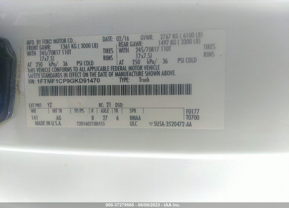 2016 FORD F-150 XL VIN: 1FTMF1CP9GKD91470