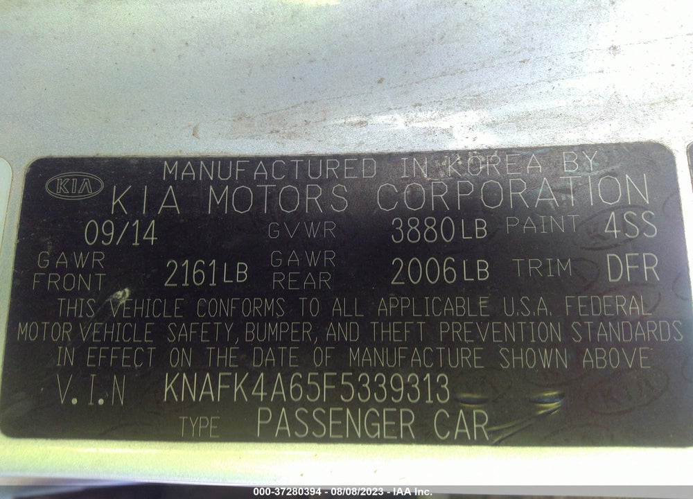 2015 KIA FORTE LX VIN: KNAFK4A65F5339313