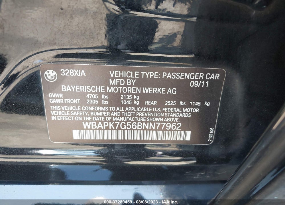2011 BMW 328I XDRIVE VIN: WBAPK7G56BNN77962