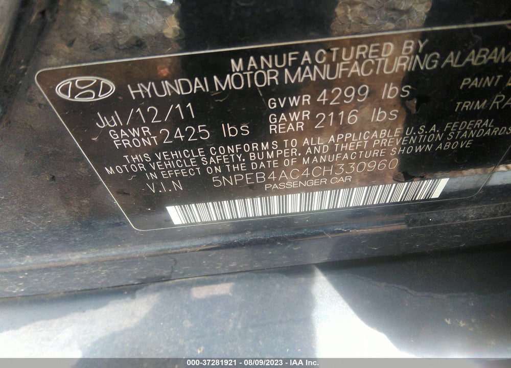 2012 HYUNDAI SONATA GLS VIN: 5NPEB4AC4CH330960