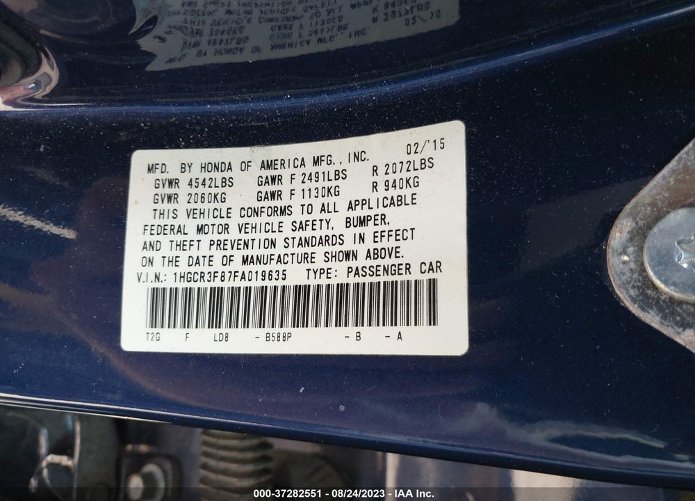 2015 HONDA ACCORD EX-L V-6 VIN: 1HGCR3F87FA019635