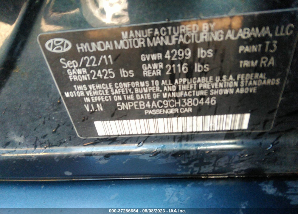 2012 HYUNDAI SONATA GLS VIN: 5NPEB4AC9CH380446