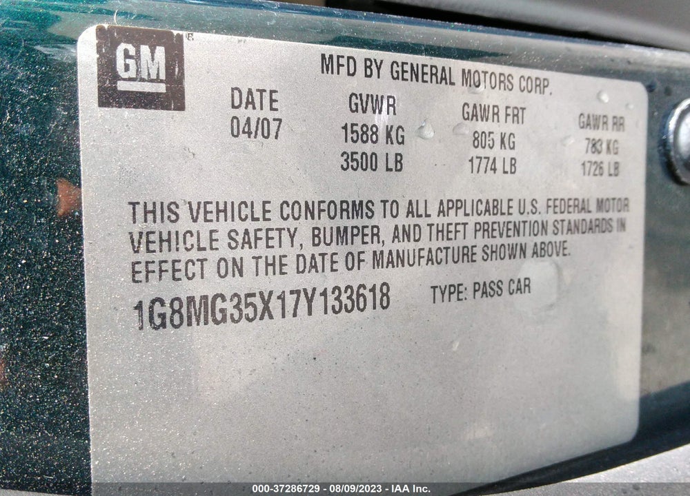 2007 SATURN SKY RED LINE VIN: 1G8MG35X17Y133618