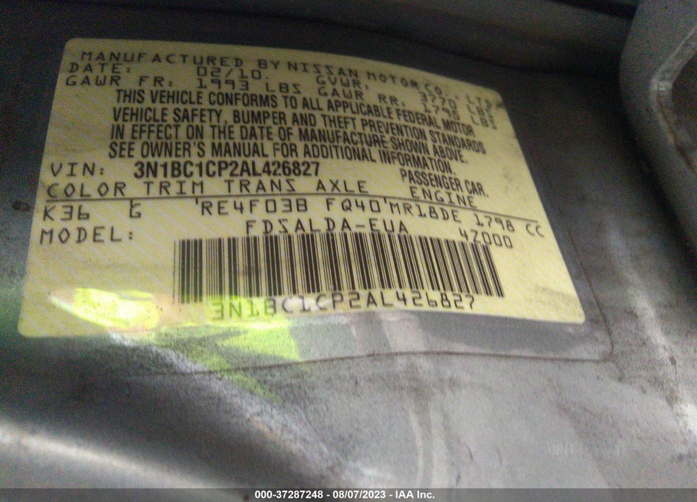 2010 NISSAN VERSA 1.8S VIN: 3N1BC1CP2AL426827