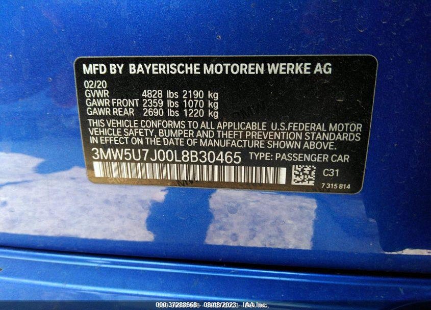 2020 BMW 3 SERIES M340I VIN: 3MW5U7J00L8B30465