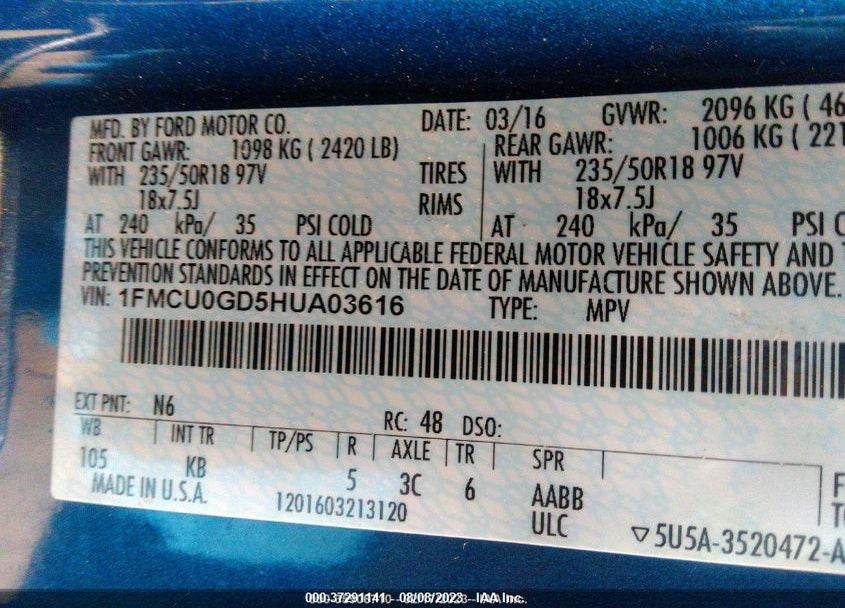 2017 FORD ESCAPE SE VIN: 1FMCU0GD5HUA03616