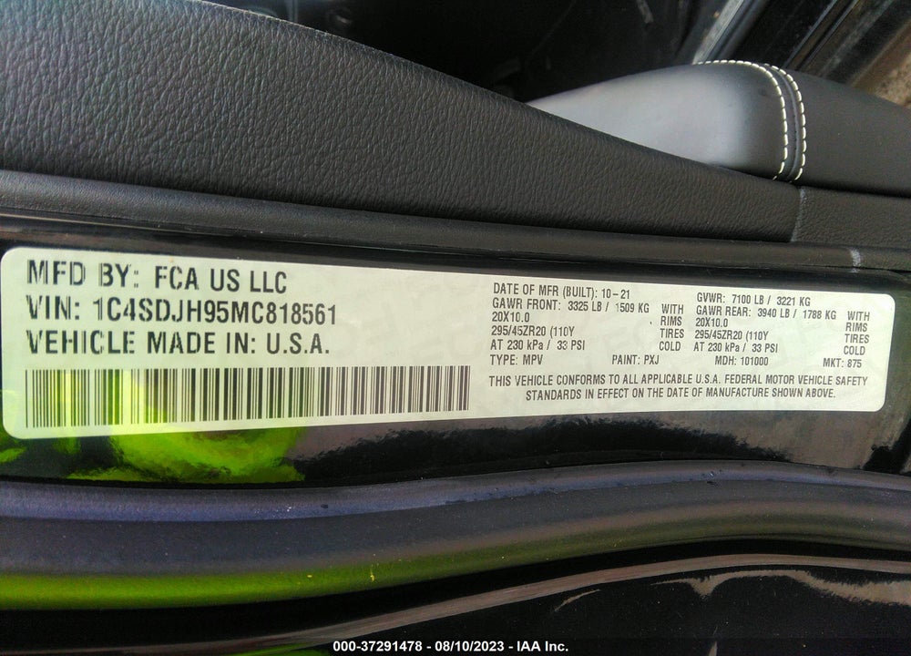 2021 DODGE DURANGO SRT HELLCAT AWD VIN: 1C4SDJH95MC818561