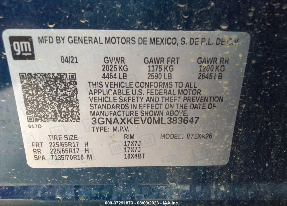 2021 CHEVROLET EQUINOX FWD LT VIN: 3GNAXKEV0ML383647