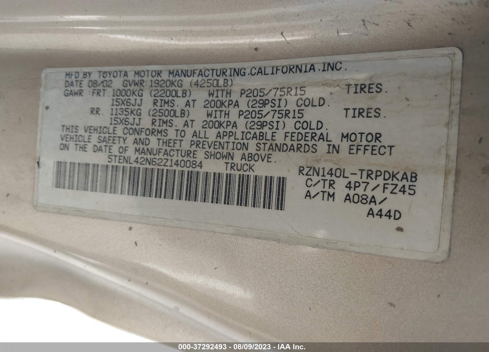2002 TOYOTA TACOMA BASE (A4) VIN: 5TENL42N62Z140084