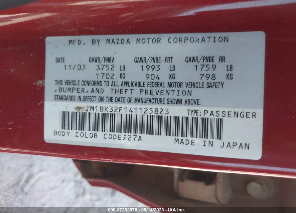 2004 MAZDA 3 I VIN: JM1BK32F141125823