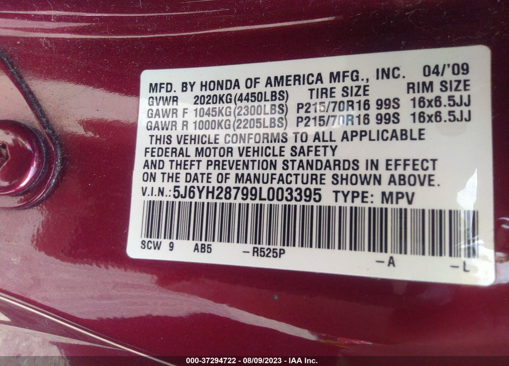2009 HONDA ELEMENT EX VIN: 5J6YH28799L003395