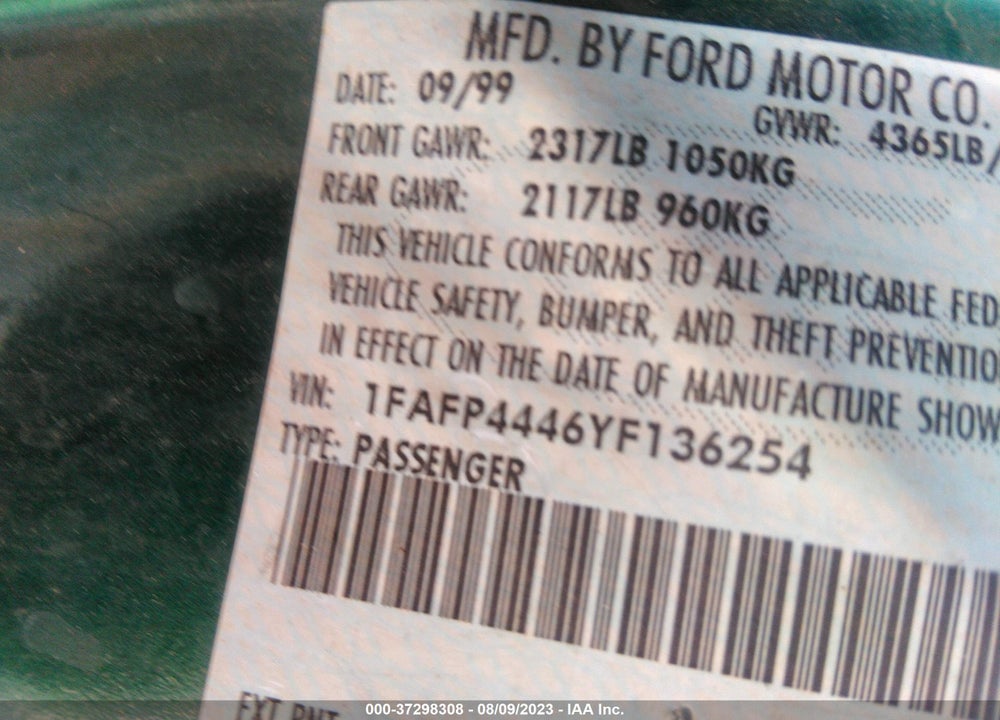 2000 FORD MUSTANG VIN: 1FAFP4446YF136254