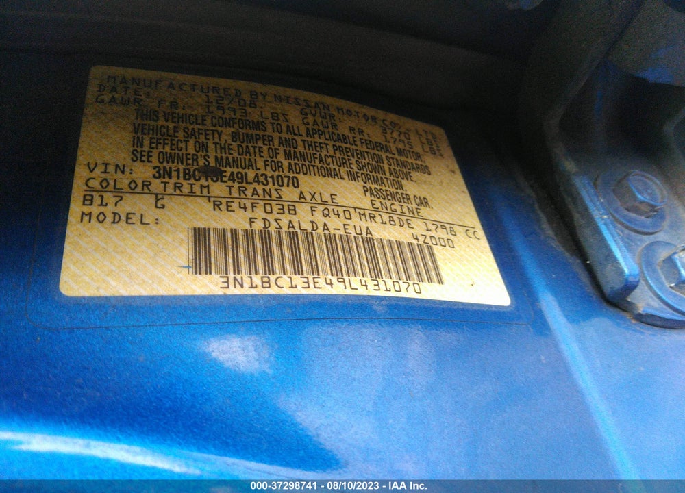 2009 NISSAN VERSA VIN: 3N1BC13E49L431070