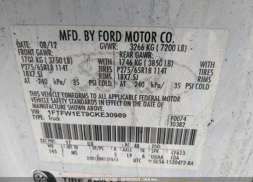 2012 FORD F-150 VIN: 1FTFW1ET9CKE30989