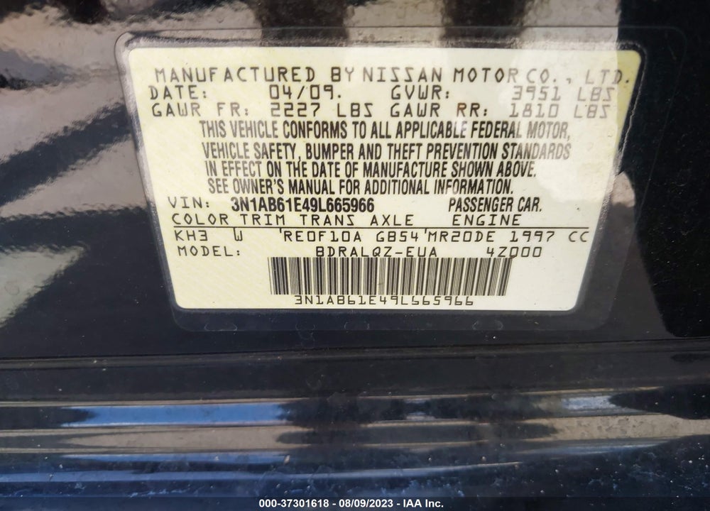 2009 NISSAN SENTRA VIN: 3N1AB61E49L665966