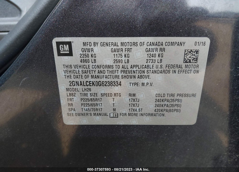 2016 CHEVROLET EQUINOX LT VIN: 2GNALCEK0G6238334