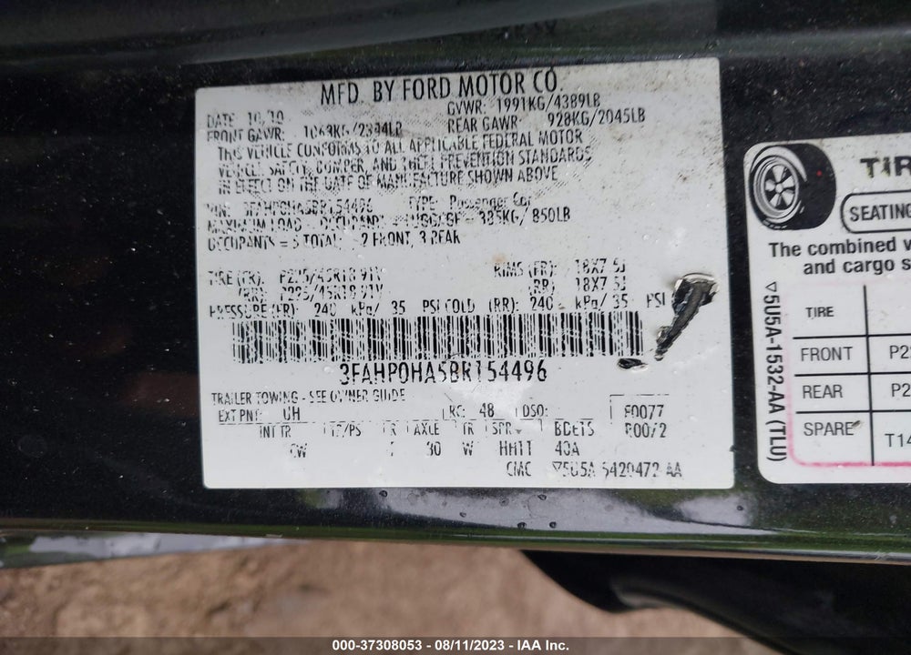 2011 FORD FUSION SE VIN: 3FAHP0HA5BR154496