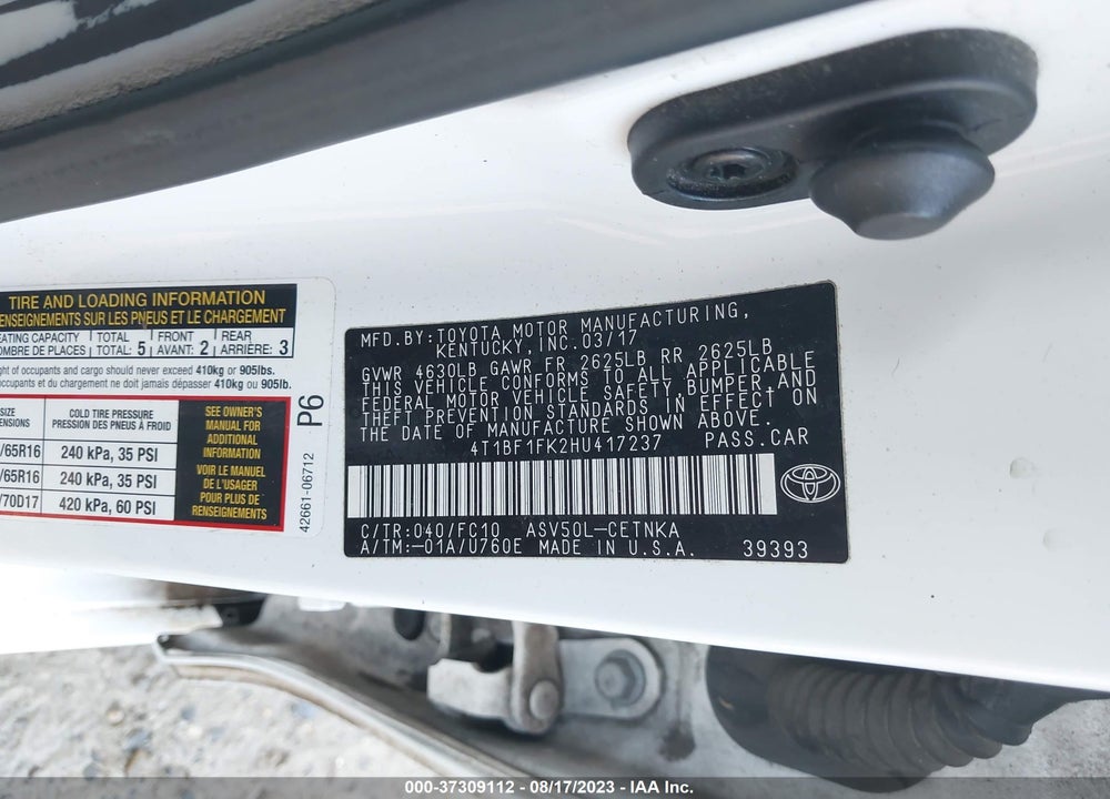 2017 TOYOTA CAMRY LE VIN: 4T1BF1FK2HU417237