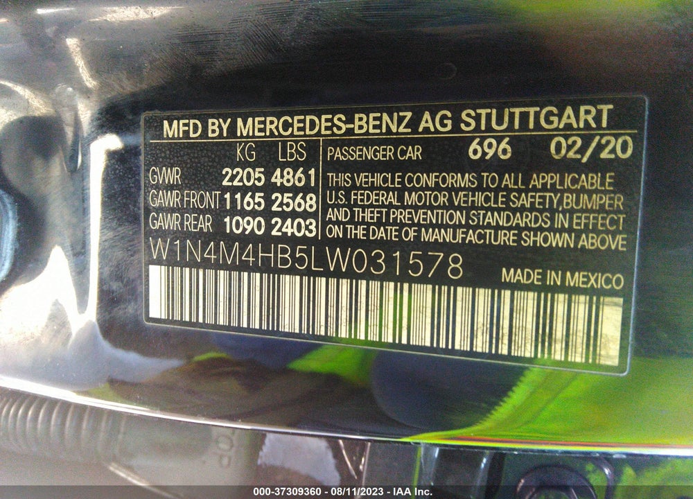 2020 MERCEDES-BENZ GLB 250 VIN: W1N4M4HB5LW031578