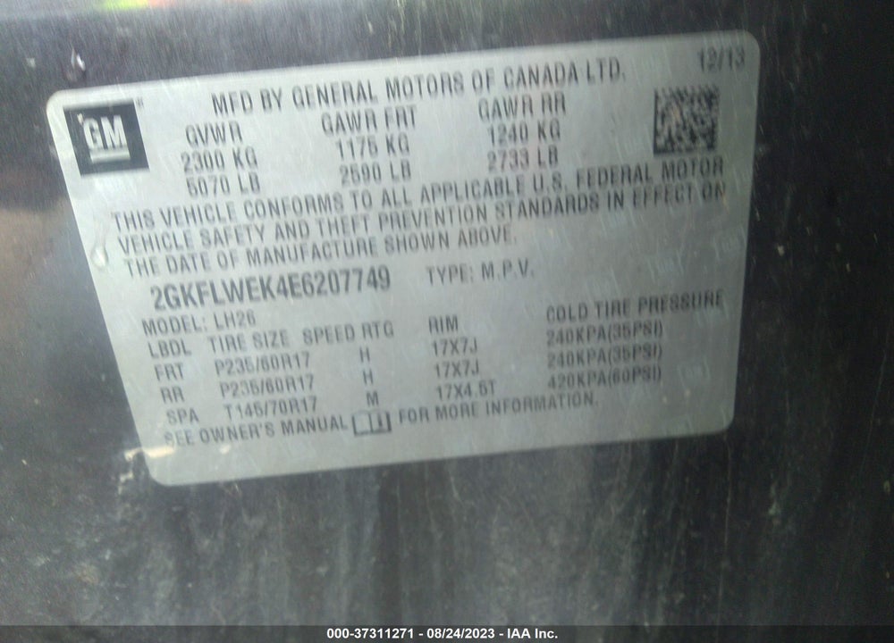 2014 GMC TERRAIN SLE-2 VIN: 2GKFLWEK4E6207749