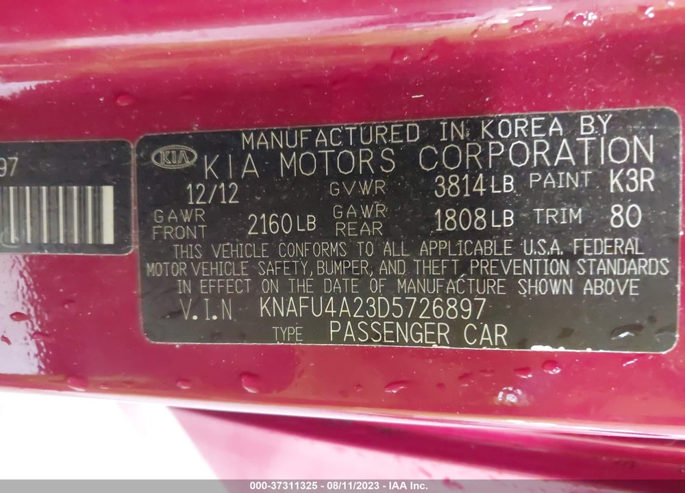 2013 KIA FORTE EX VIN: KNAFU4A23D5726897
