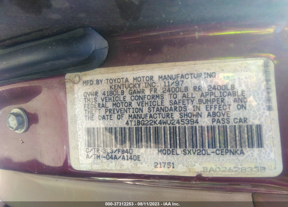 1998 TOYOTA CAMRY LE VIN: 4T1BG22K4WU245394