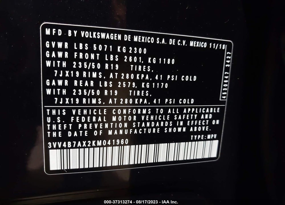 2019 VOLKSWAGEN TIGUAN 2.0T SEL PREMIUM/2.0T SEL PREMIUM R-LINE VIN: 3VV4B7AX2KM041960