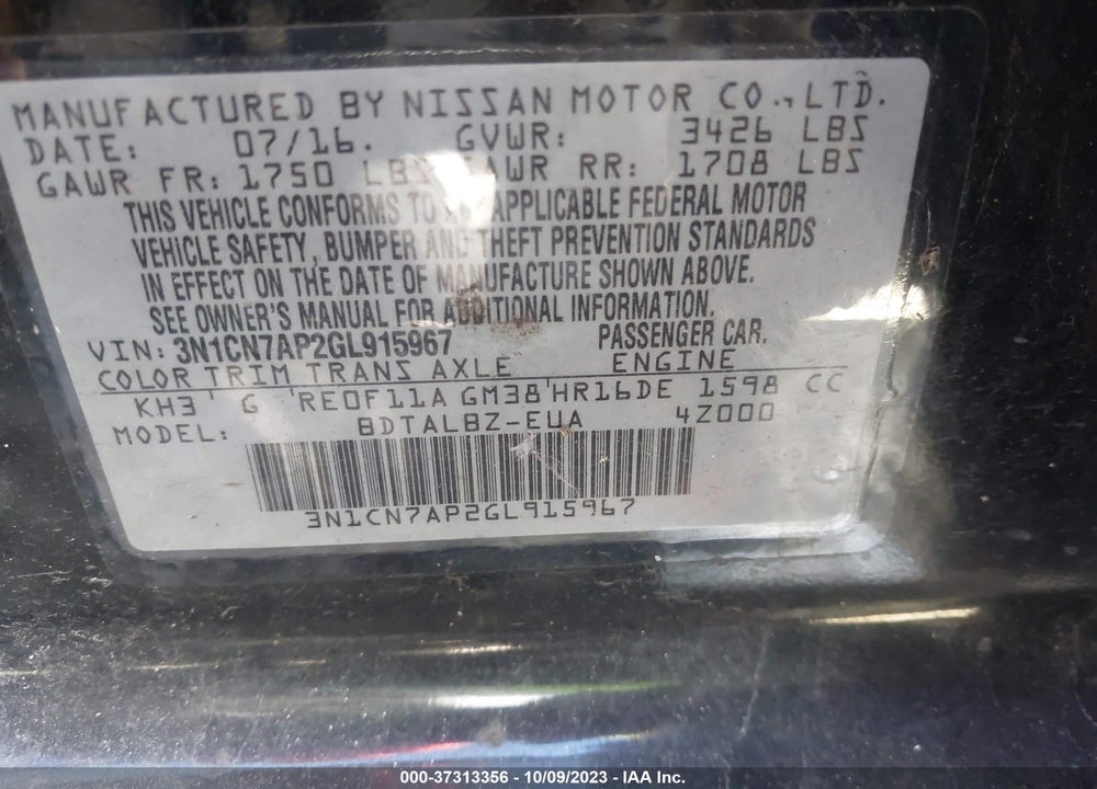 2016 NISSAN VERSA VIN: 3N1CN7AP2GL915967