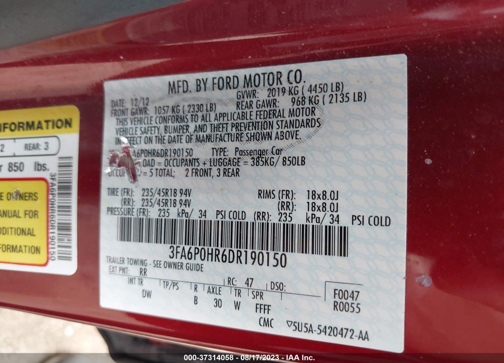2013 FORD FUSION SE VIN: 3FA6P0HR6DR190150