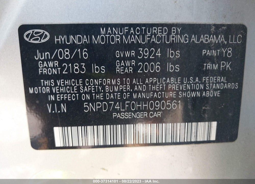2017 HYUNDAI ELANTRA SE VIN: 5NPD74LF0HH090561