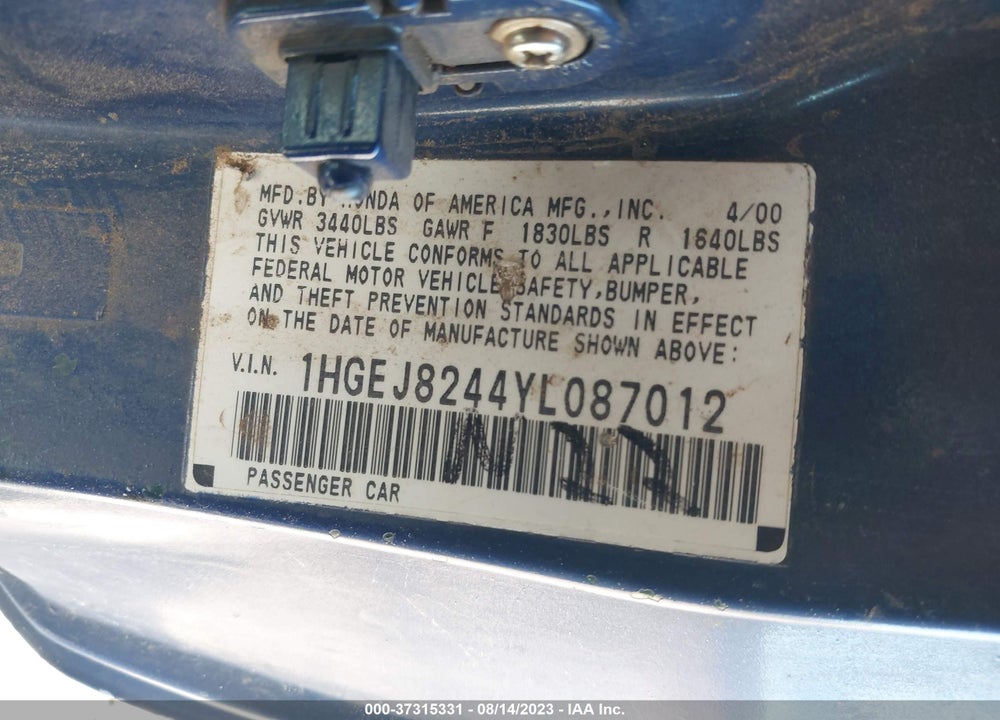 2000 HONDA CIVIC EX VIN: 1HGEJ8244YL087012