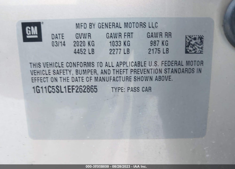 2014 CHEVROLET MALIBU 1LT VIN: 1G11C5SL1EF262865