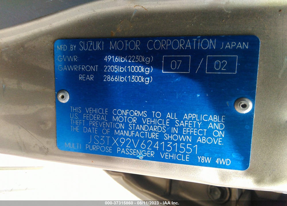 2002 SUZUKI XL-7 TOURING/LIMITED/STANDARD/PLUS VIN: JS3TX92V624131551