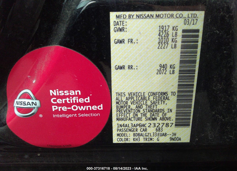 2017 NISSAN ALTIMA 2.5 S VIN: 1N4AL3AP6HC232787