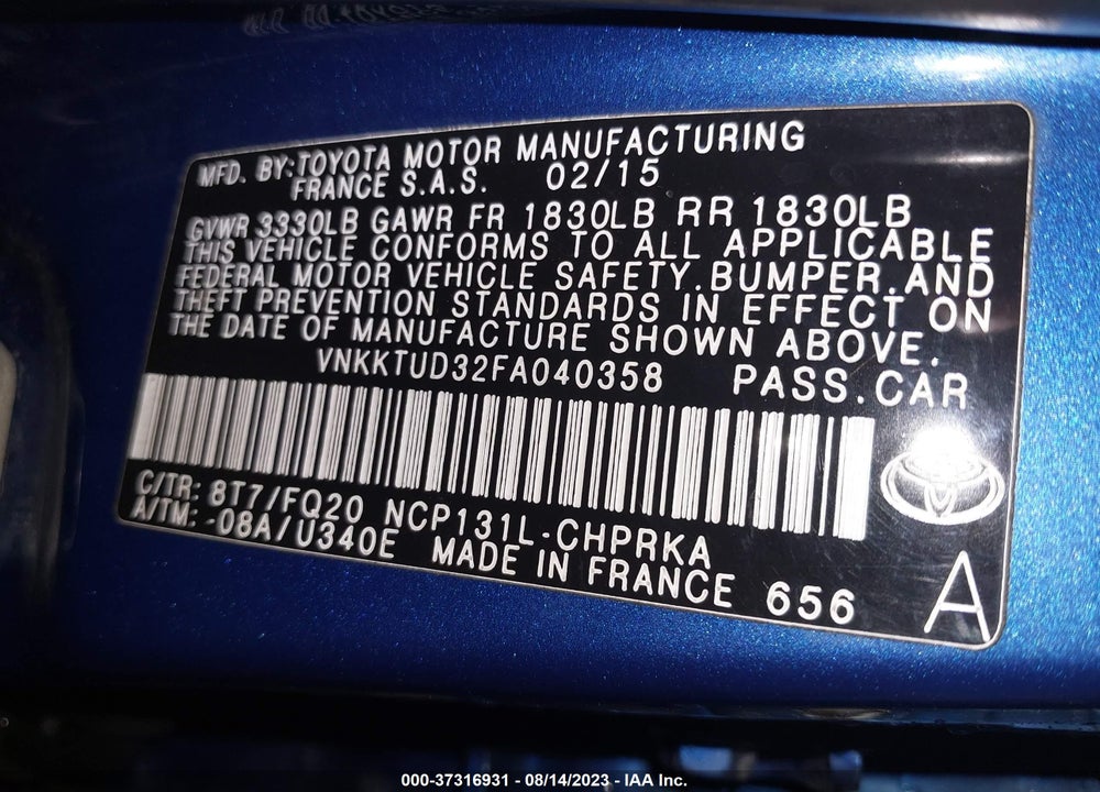 2015 TOYOTA YARIS VIN: VNKKTUD32FA040358