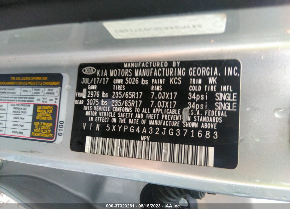 2018 KIA SORENTO 2.4L L VIN: 5XYPG4A32JG371683