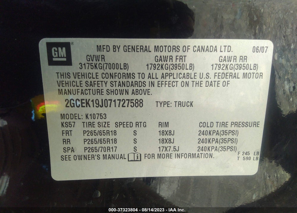 2007 CHEVROLET SILVERADO 1500 LT1 VIN: 2GCEK19J071727588
