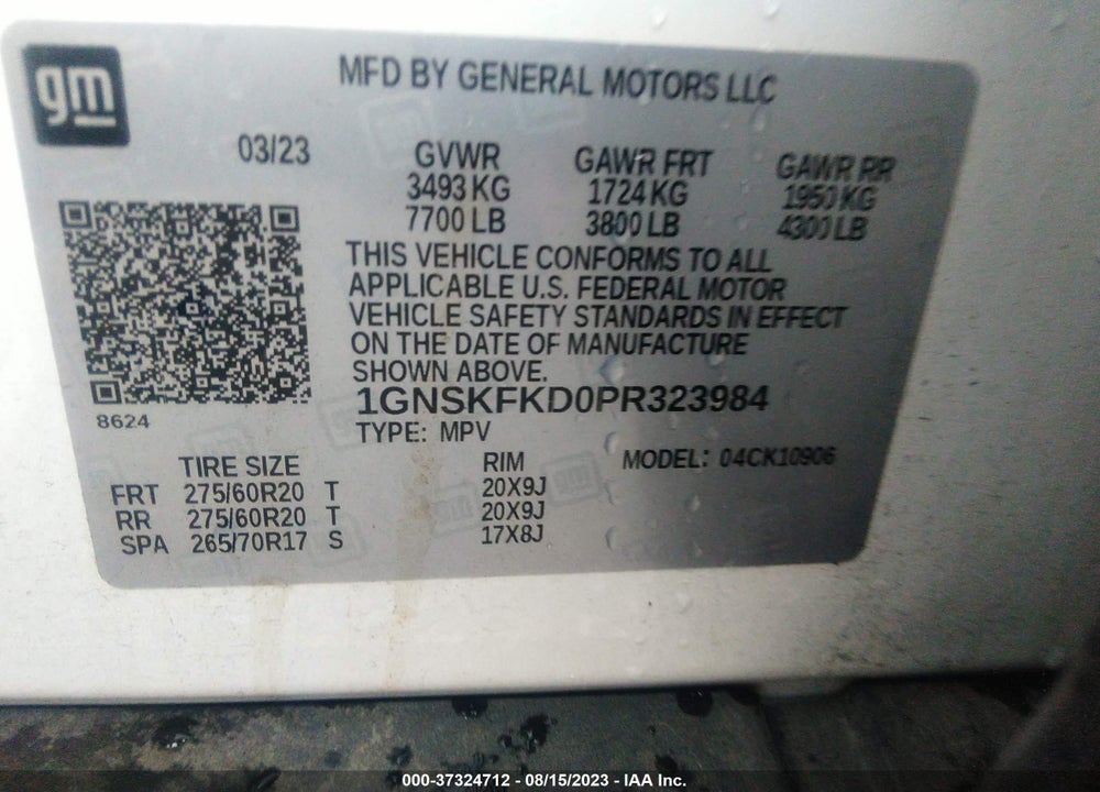 2023 CHEVROLET SUBURBAN 4WD PREMIER VIN: 1GNSKFKD0PR323984