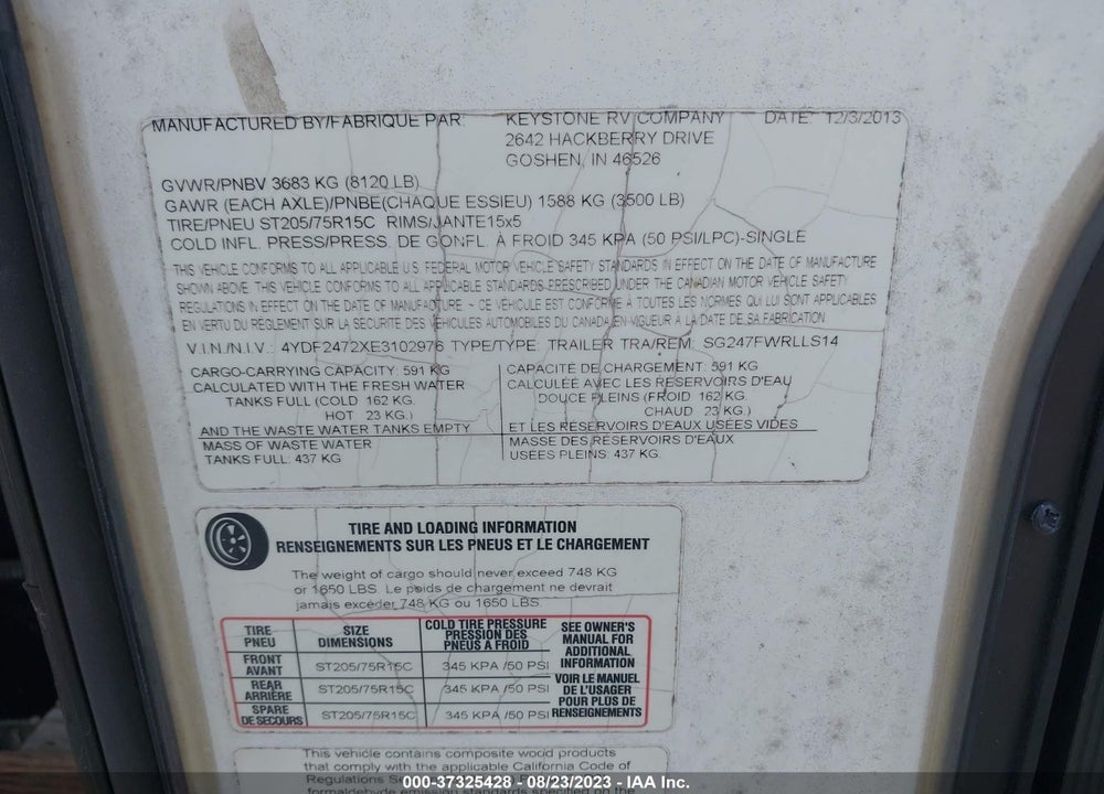 2014 KEYSTONE SPRINGDALE VIN: 4YDF2472XE3102976