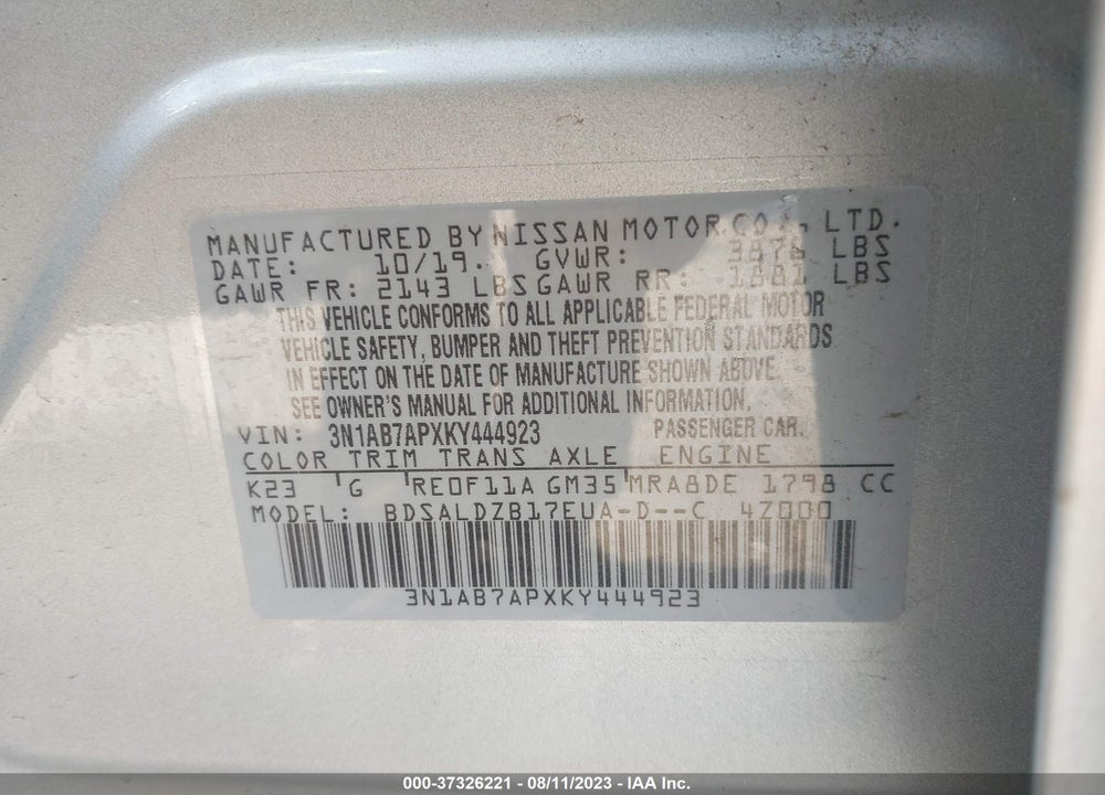 2019 NISSAN SENTRA SV VIN: 3N1AB7APXKY444923