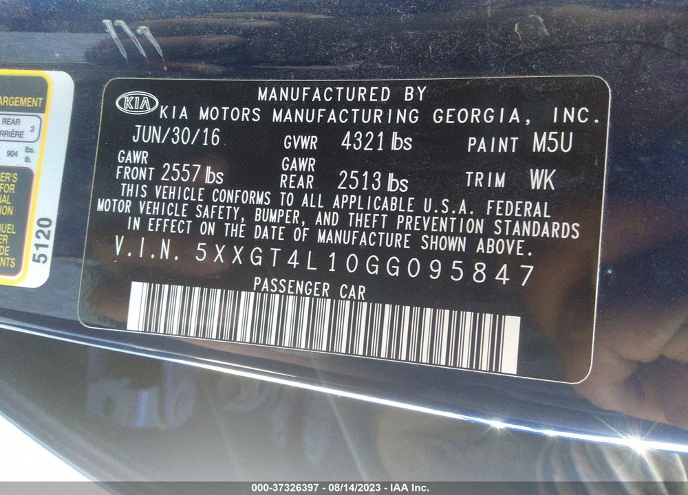 2016 KIA OPTIMA LX TURBO VIN: 5XXGT4L10GG095847