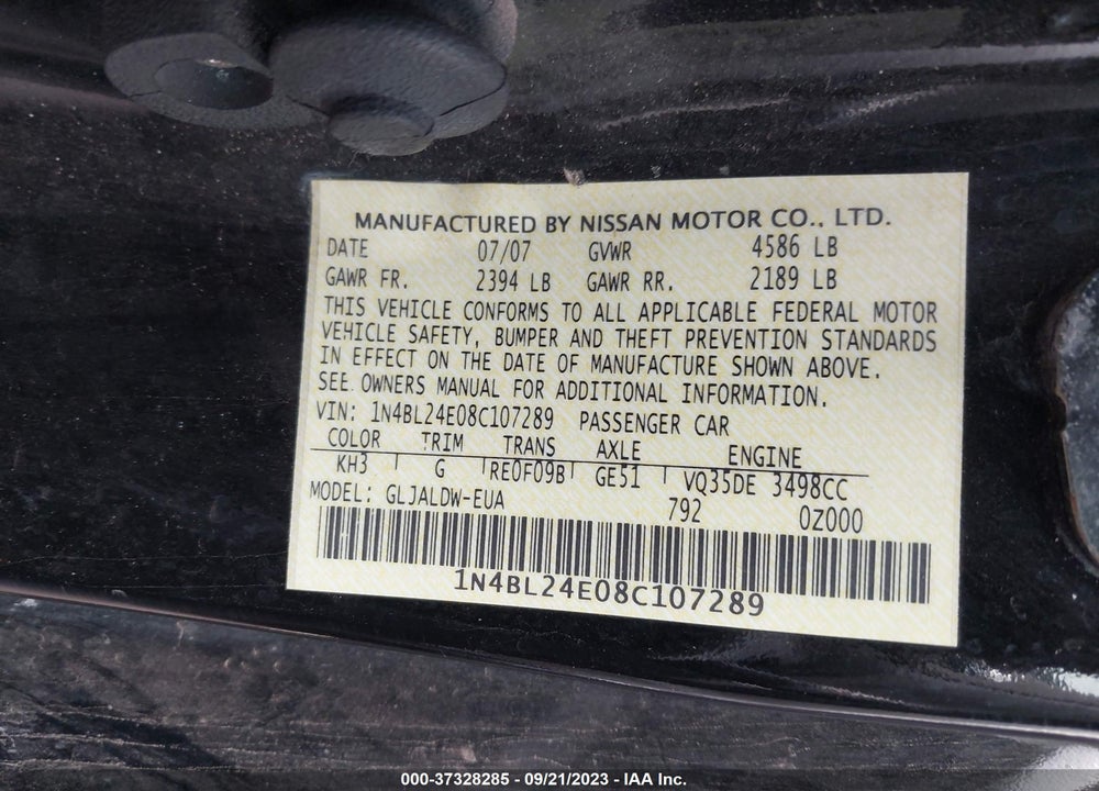 2008 NISSAN ALTIMA 3.5 SE VIN: 1N4BL24E08C107289